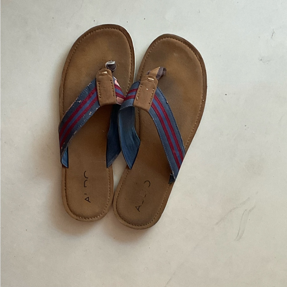 Brown and Blue Flip Flops with Red Stripes